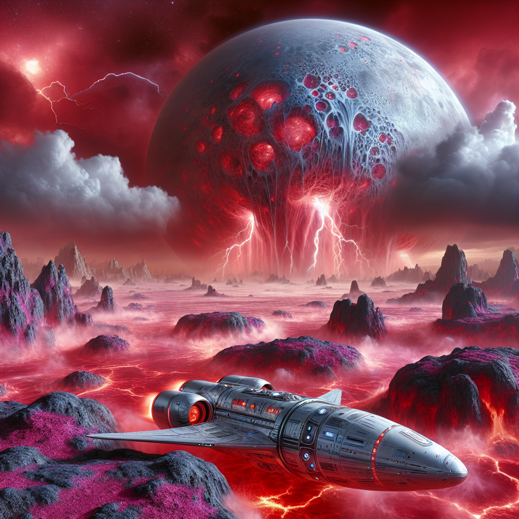 Массивный серебристый космический корабль «Хиус» с раскалённым корпусом медленно опускается на поверхность загадочной Венеры — зловещие скалы, покрытые странными фиолетовыми лишайниками. Земля под ним — бурлящее море багровых облаков, разрываемых мощными электрическими разрядами. В небе сверкают молнии, а густая красная дымка скрывает горизонт.