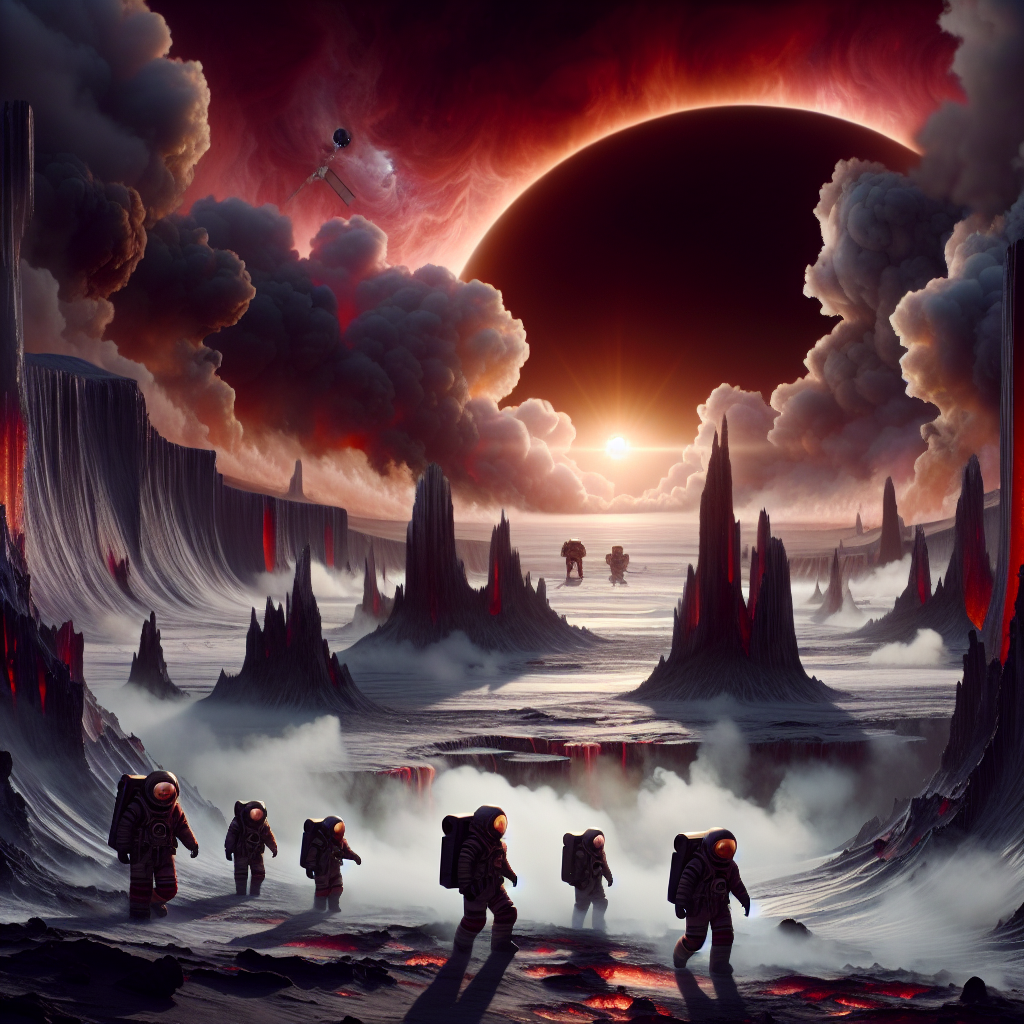 Группа космонавтов в тяжёлых защитных костюмах медленно передвигается по раскалённой поверхности планеты. Над ними огромные тёмно-красные облака, сквозь которые едва пробиваются угасающие лучи далёкого солнца. Вокруг чёрные застывшие потоки лавы, в воздухе висят сернистые испарения. Вдалеке виднеются силуэты чужеродных, причудливых кристаллических образований.