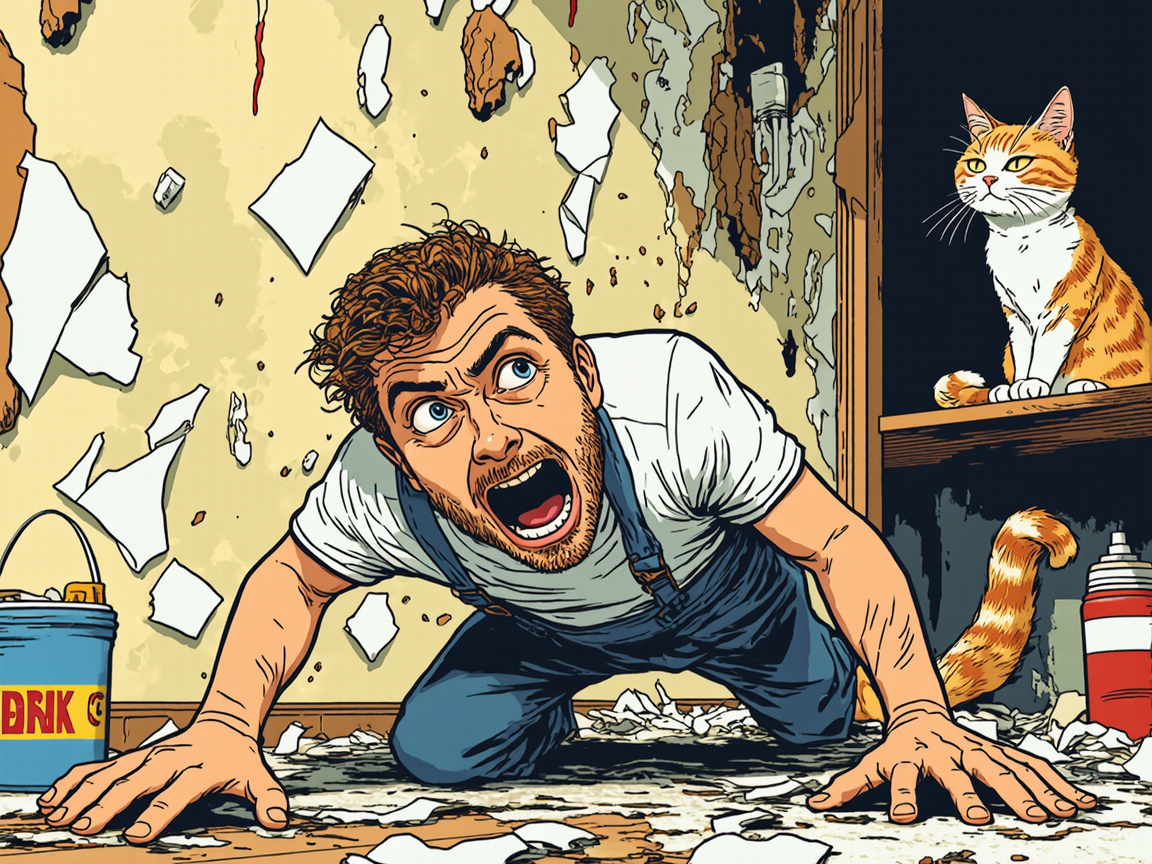 Перфекционист клеит обои, а кот смеётся