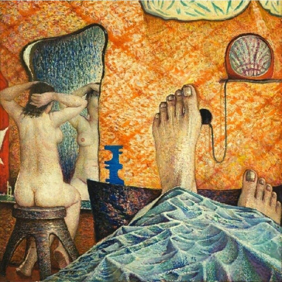 © Аусеклис Баушкениекс. Здравствуйте. Он и она. Картон, масло. Размер 67х67см. 1974. 