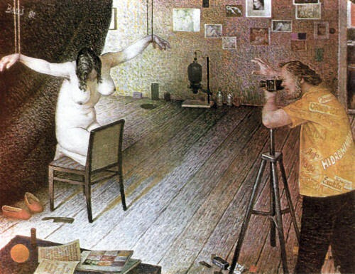 © Аусеклис Баушкениекс. Фотограф и модель. Картон, масло. 45х59см.  1998. 