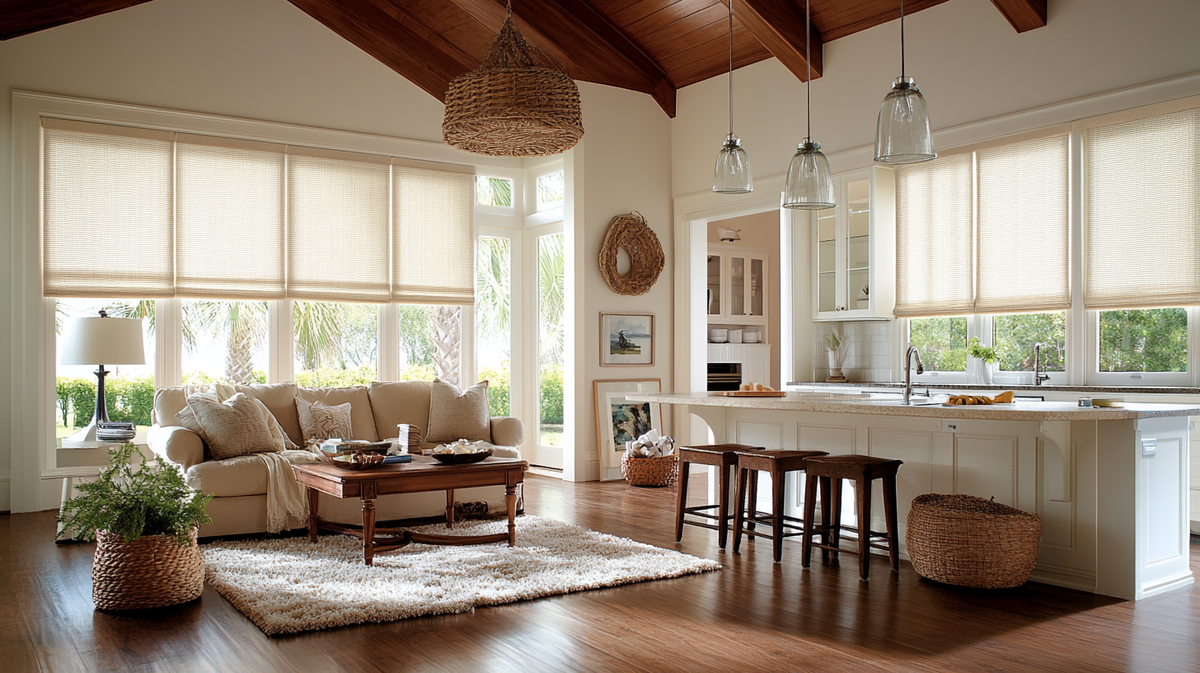 Рулонные шторы: зонирование кухни-гостиной