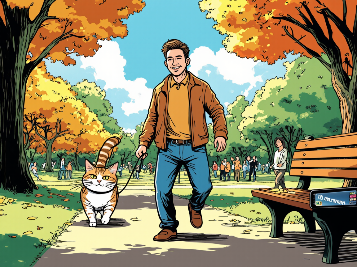 Зависимый гуляет с котом, бросив соцсети