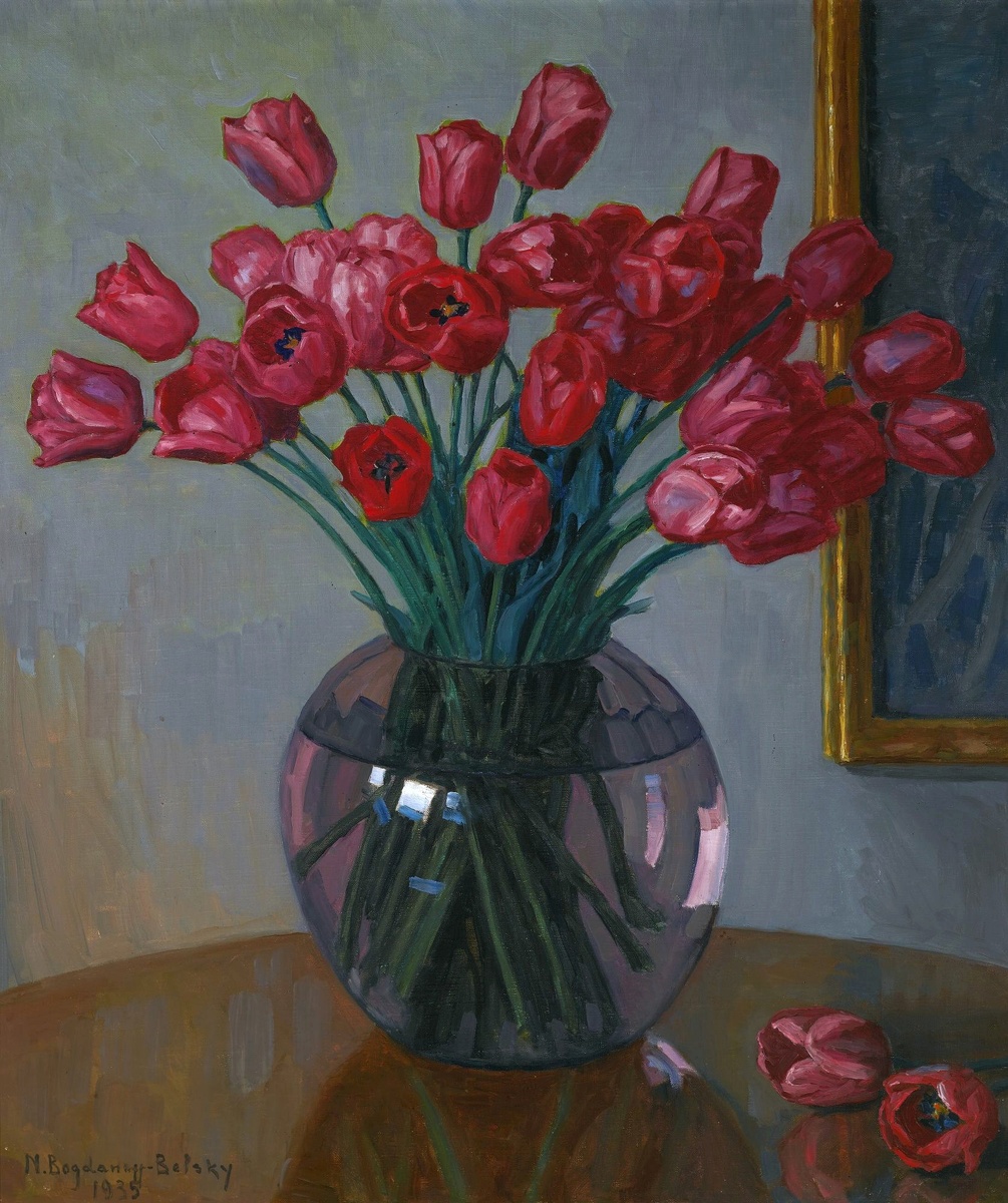 "Натюрморт с тюльпанами", 1935 год. Холст, масло 78 × 66 см. Богданов-Бельский Николай Петрович