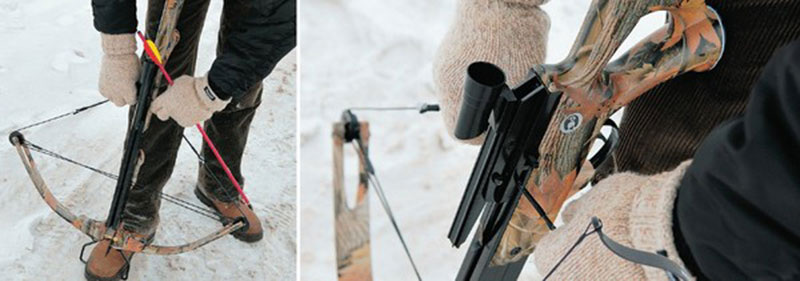 (Вставляем в стремя ступню и аккуратно взводим тетиву до срабатывания зацепа. Кстати, справа неправильный вариант ее удержания, но это уже отдельная история)
