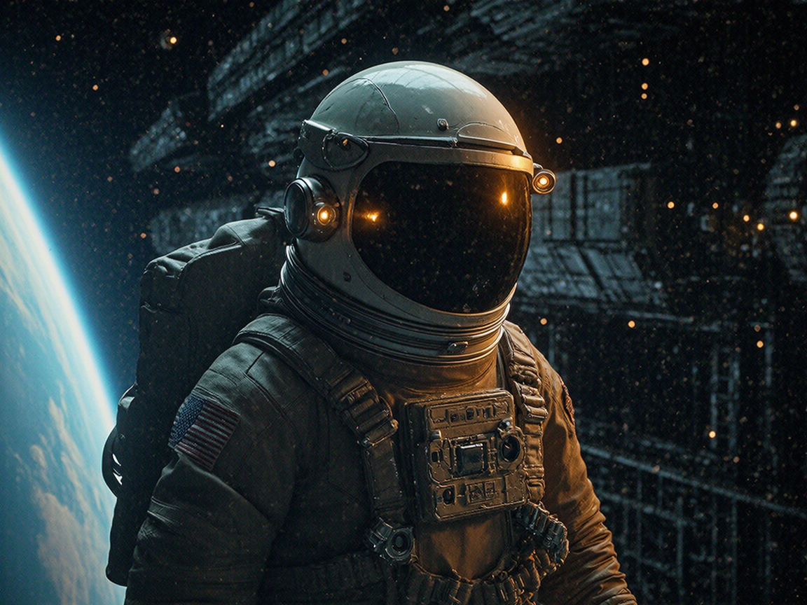 Концепт военной орбитальной базы 1960-х годов, космонавты в скафандрах, станции с орудиями