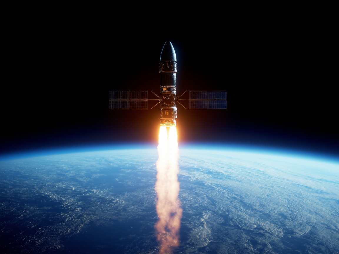 Космический лазерный спутник из проекта «Звёздные войны», боевой луч, Земля на фоне