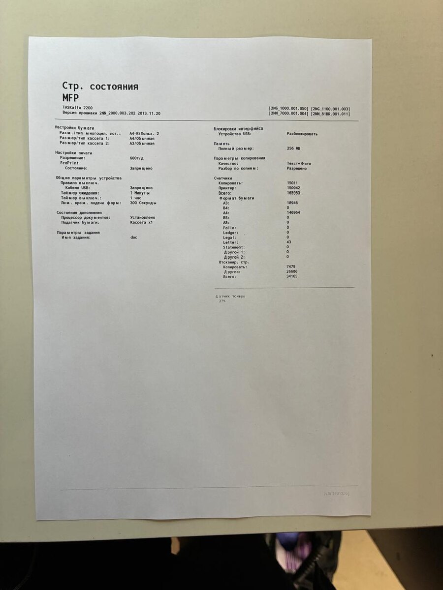 Итак, печатаем страницу состояния, нижняя часть практически не видна