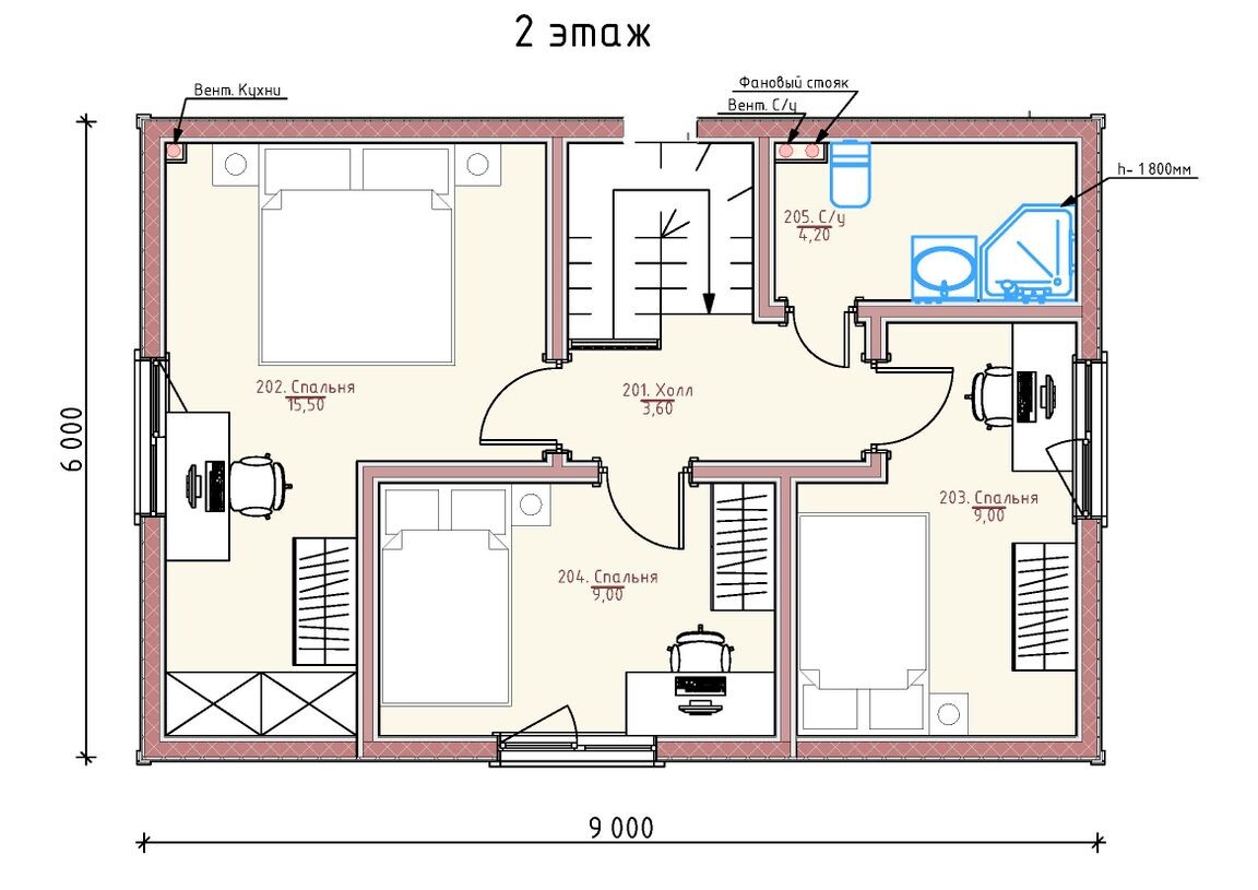 Планировка 2-го этажа каркасного дома Лангсдорф