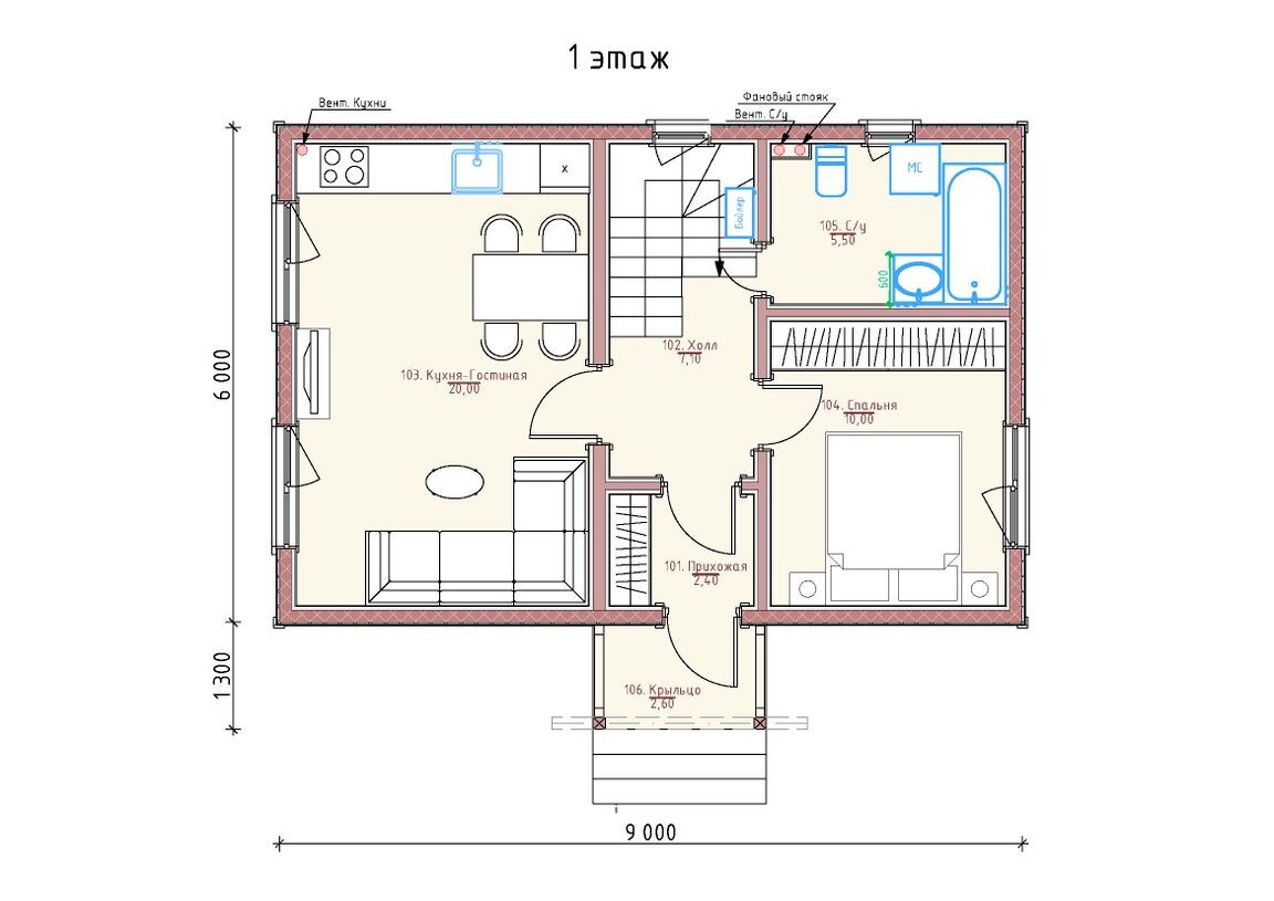 Планировка 1-го этажа каркасного дома Лангсдорф