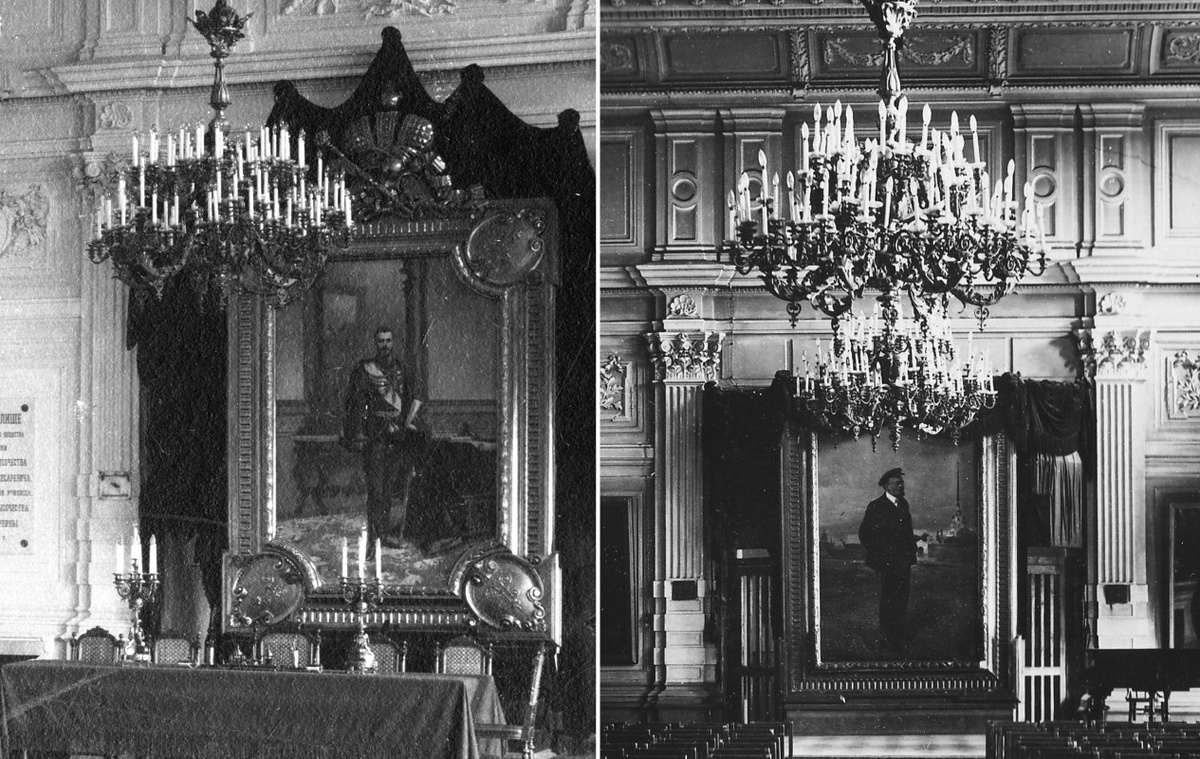 Парадный портрет Николая II созданный в 1896 году И.С. Галкиным на одной стороне и картина В.М. Измайловича «Ленин на прогулке» на другой