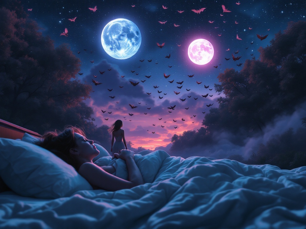    К чему такое снится: На картине изображена женщина, выходящая из лифта на тёмной улице. Над её головой в темном небе висят две луны, окруженные стаей странно движущихся летучих мышей, на