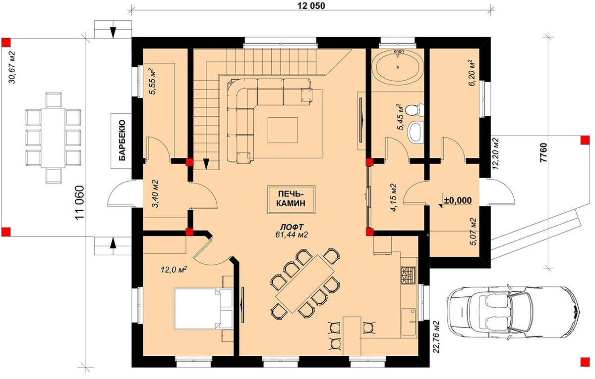 Композиционная особенность интерьеров - печь-камин в центре. Вокруг печи расположены все помещения 1-го этажа: кухня-столовая, гостиная и диванная с лестницей. Помещение диванной - высокое, двусветное и по мере подъема на мансардный этаж слева от лестницы раскрывается вид на пространство обоих этажей, печь-камин и мостик-галерею второго этажа, а справа - через высокие витражные окна на ландшафт участка. 
