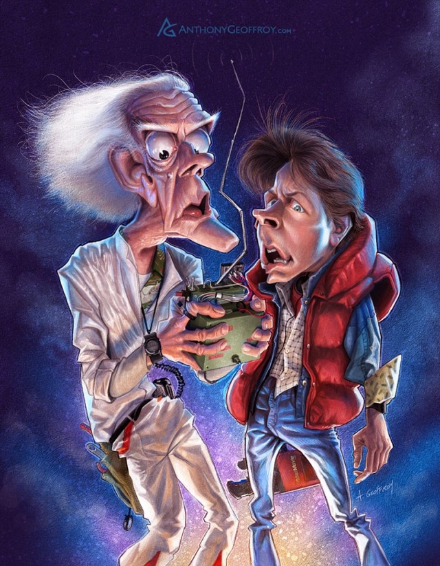 ШАРЖ НА ПЕРСОНАЖЕЙ ИЗ ФИЛЬМА " НАЗАД В БУДУЩЕЕ " ОТ ХУДОЖНИКА- КАРИКАТУРИСТА ЭНТОНИ ЖОФФРУА / ДОКТОР ЭММЕТТ БРАУН и МАРТИ МАКФЛАЙ / КРИСТОФЕР ЛЛОЙД и МАЙКЛ ДЖ. ФОКС