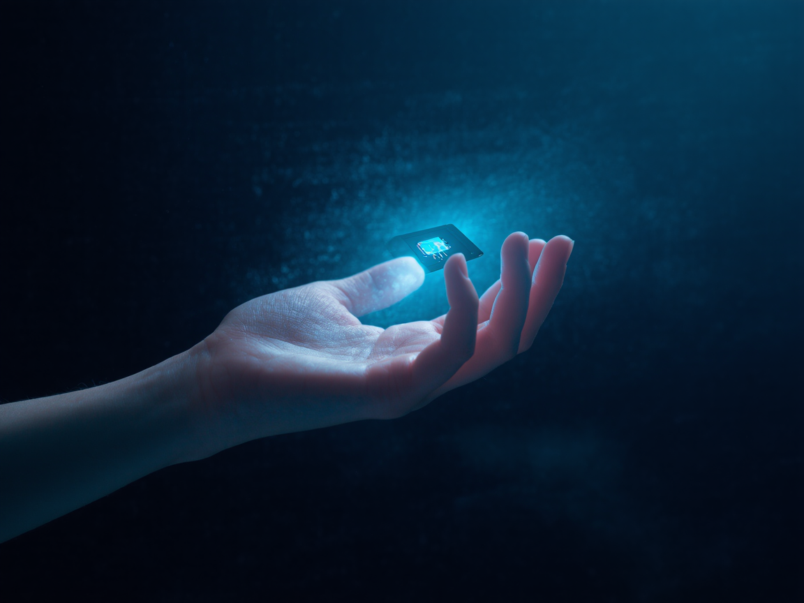 Человек с биочипом в руке и голографическим интерфейсом