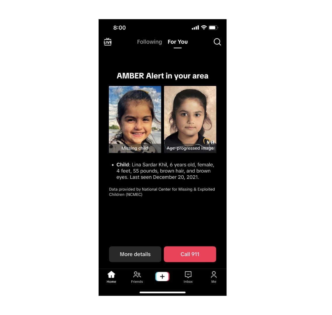 TikTok внедряет функцию оповещений о пропавших детях в США  
