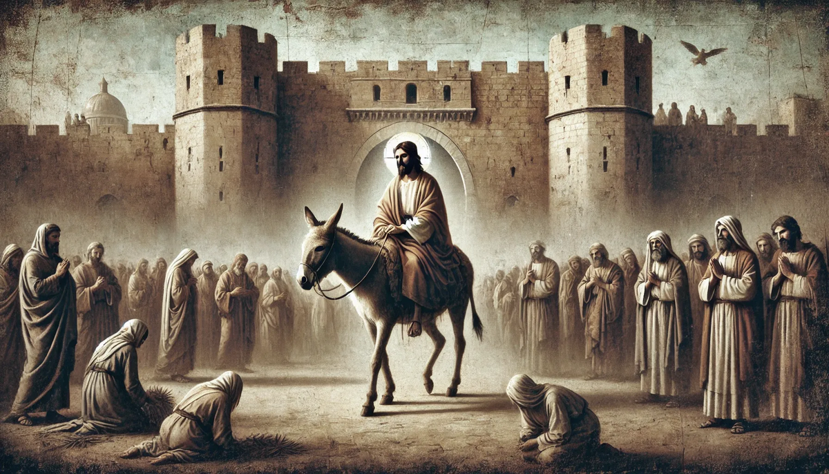 Цифровая иллюстрация Иисуса, въезжающего в Иерусалим на осле. 