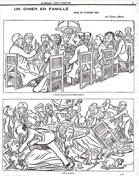 Карикатура Каран д'Аша «Семейный ужин», 14 февраля 1898 года. Вверху: «И главное, давайте не говорить о деле Дрейфуса!» Внизу: «Они о нём поговорили…»