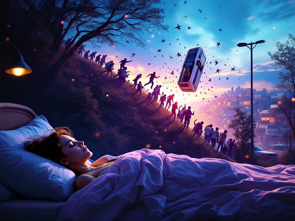    К чему такое снится: На картине изображена остановка на склоне холма с группой людей, которые в панике убегают вверх по склону. Вдалеке виден перевернутый маршрутка, кувыркающийся в их н