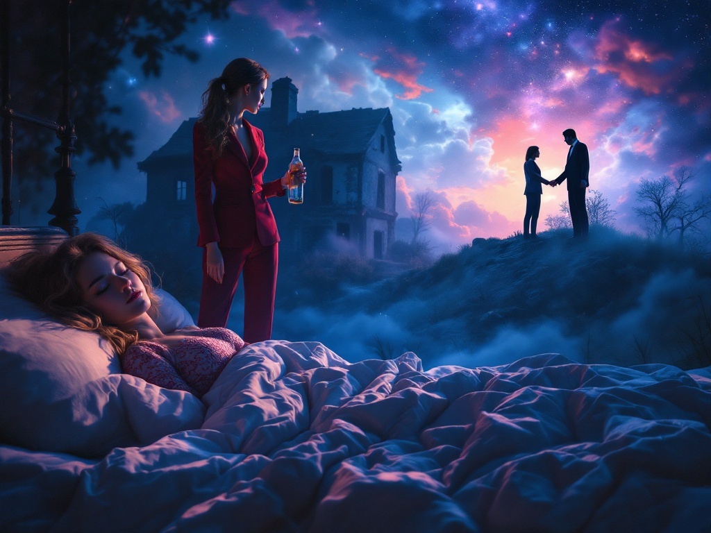    К чему такое снится: Девушка в красном брючном костюме рассматривает двух мужчин: один из них с бутылкой в руках стоит около разрушенного дома, а другой, идеально одетый, предлагает ей р