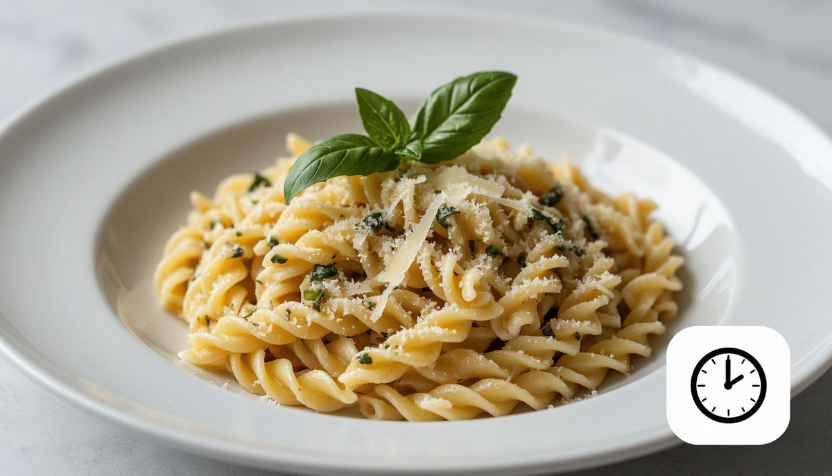 крупный план тарелки с готовой пастой, слегка свёрнутой в спираль. Сверху — порванный руками базилик и стружка пармезана.