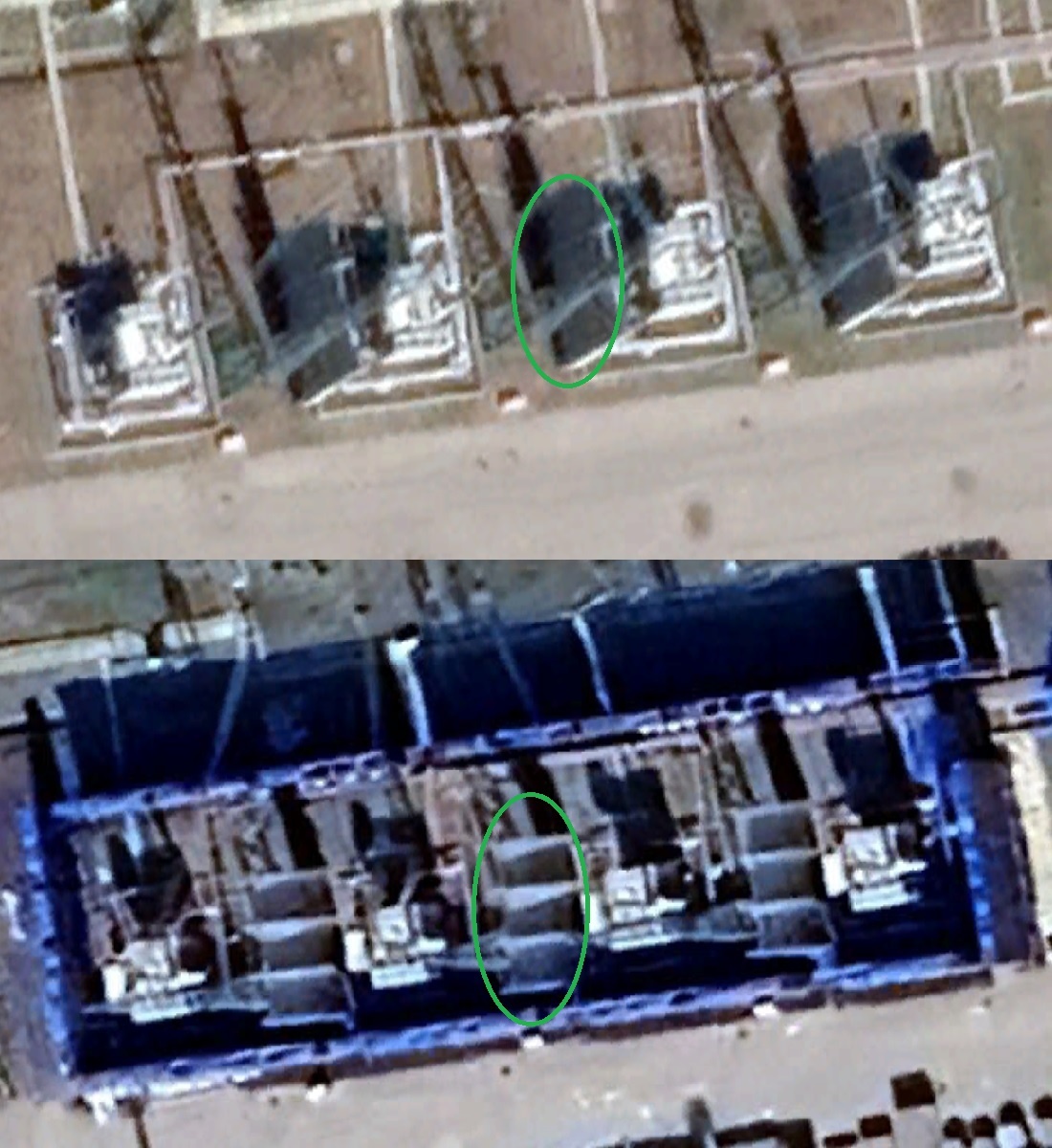 Группа шунтирующих реакторов (3 рабочих плюс резервный). Сверху – снимок 2021 года, снизу - осени 2023 года