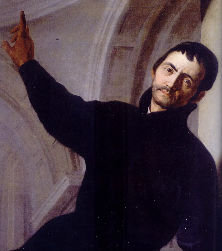 Андреа Поццо, автопортрет, церковь Сант-Иньяцио ди Лойола в Риме, художник показывает на купол