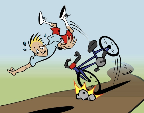 Один из примеров действия силы инерции. Велосипедист несется не велике по дороге с какой-то скоростью, но неожиданно наезжает на камень, Велосипед резко останавливается, а велосипедист - под действием силы инерции - продолжает лететь дальше с той же скоростью.  