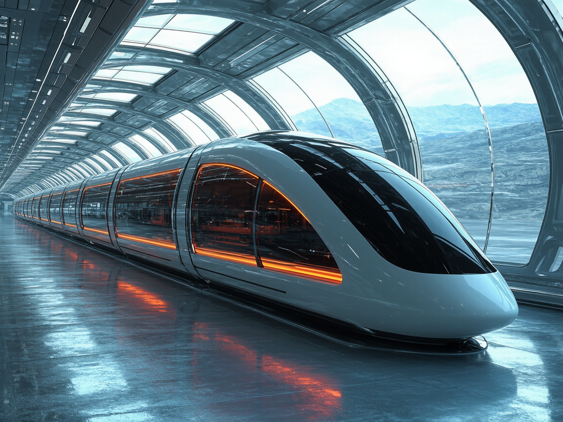 Поезд Hyperloop движется в вакуумной трубе на фоне футуристического города