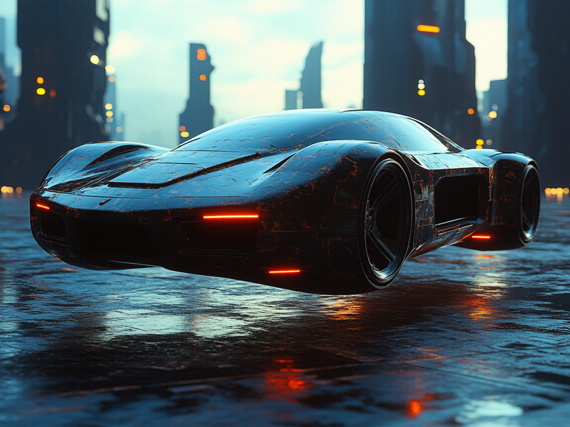 Летающий автомобиль на антигравитационной платформе, городской пейзаж будущего