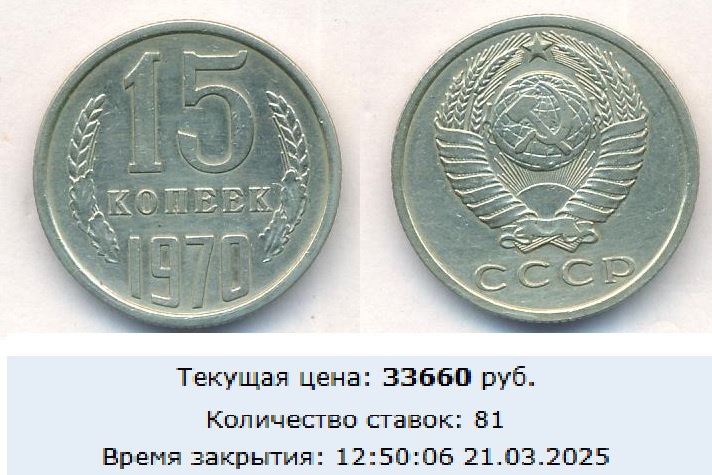 15 копеек 1970 года имеет стоимость 33 000 рублей, и может стоить дороже!