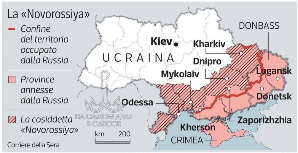    Так в Италии видят границы Украины в случае, если Зеленский не согласится на требования России в ходе мирных переговоров.