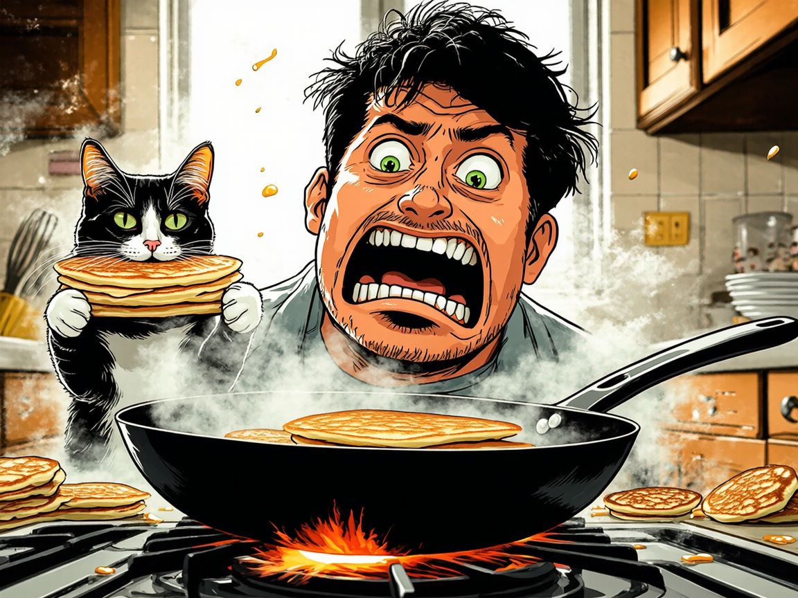 Муж жарит блины для жены, а кот рушит планы