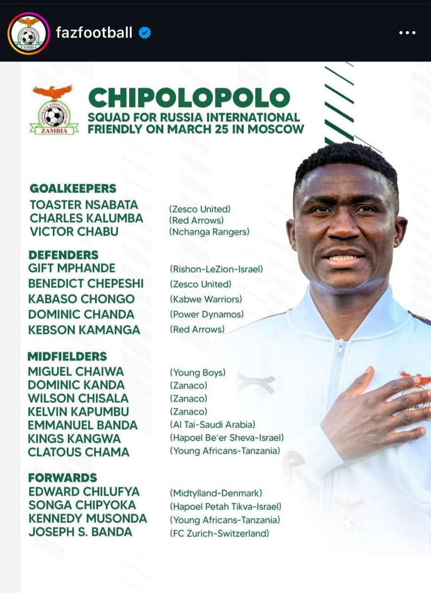 заявка сборной Замбии, на игру с Россией