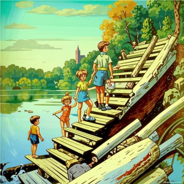 К реке спускались по деревянной лестнице.