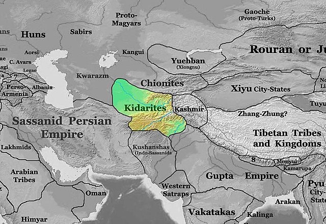 Карта, на которой изображено царство Кидаритов 400 г. н.э. Фото из свободных источников в Интернете.
