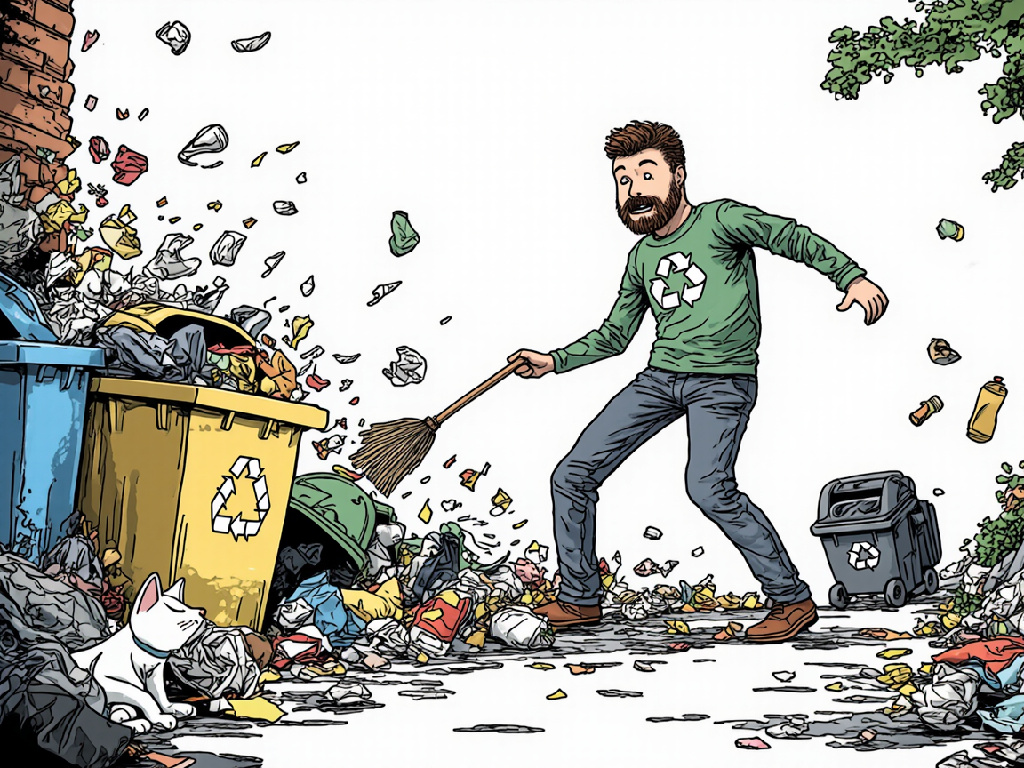 Эко-энтузиаст сортирует мусор, а мопс устраивает бардак