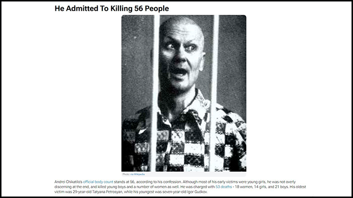 АНДРЕЙ ЧИКАТИЛО СТАЛ ОДНИМ ИЗ САМЫХ СТРАШНЫХ МАНЬЯКОВ В ИСТОРИИ НЕ ТОЛЬКО СССР, НО И ВСЕГО МИРА// СКРИНШОТ: RANKER.COM