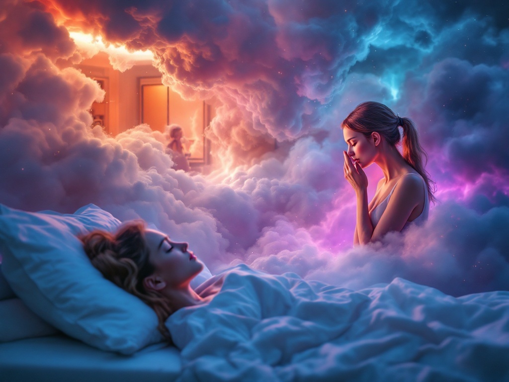    К чему такое снится: Женщина стоит перед зеркалом и смотрит на свое отражение, при этом она касается правой брови, где видно красное раздражение. На заднем плане виден интерьер ванной ко