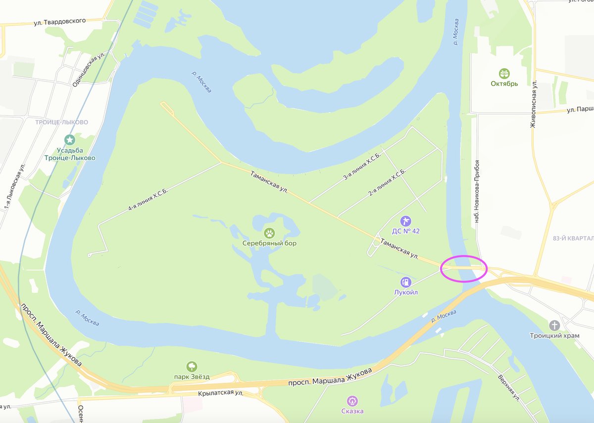 Хорошёвский мост (в розовом овале) - единственная позможность попасть на остров Серебряный Бор на автомобиле или наземном транспорте. Яндекс.Карты.