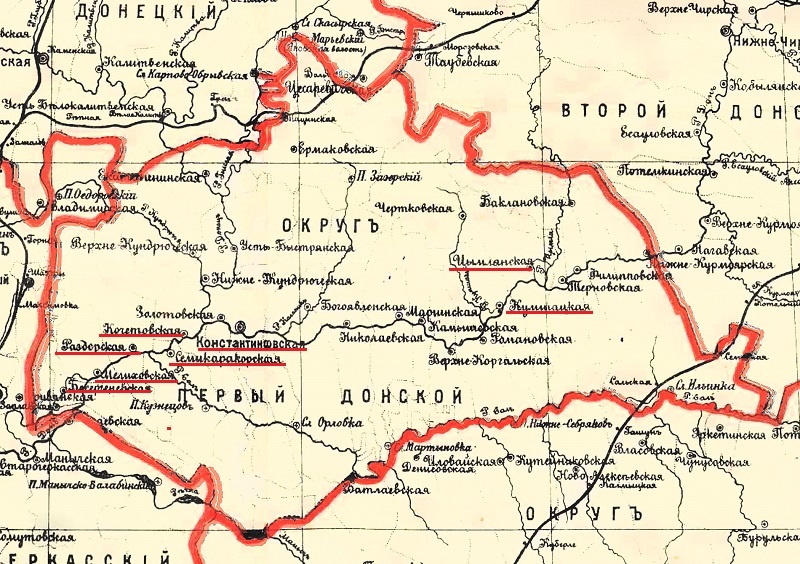 Первый Донской округ Донской области в первые годы 20 столетия. Станицы - центры виноградарства подчеркнуты красной линией.
