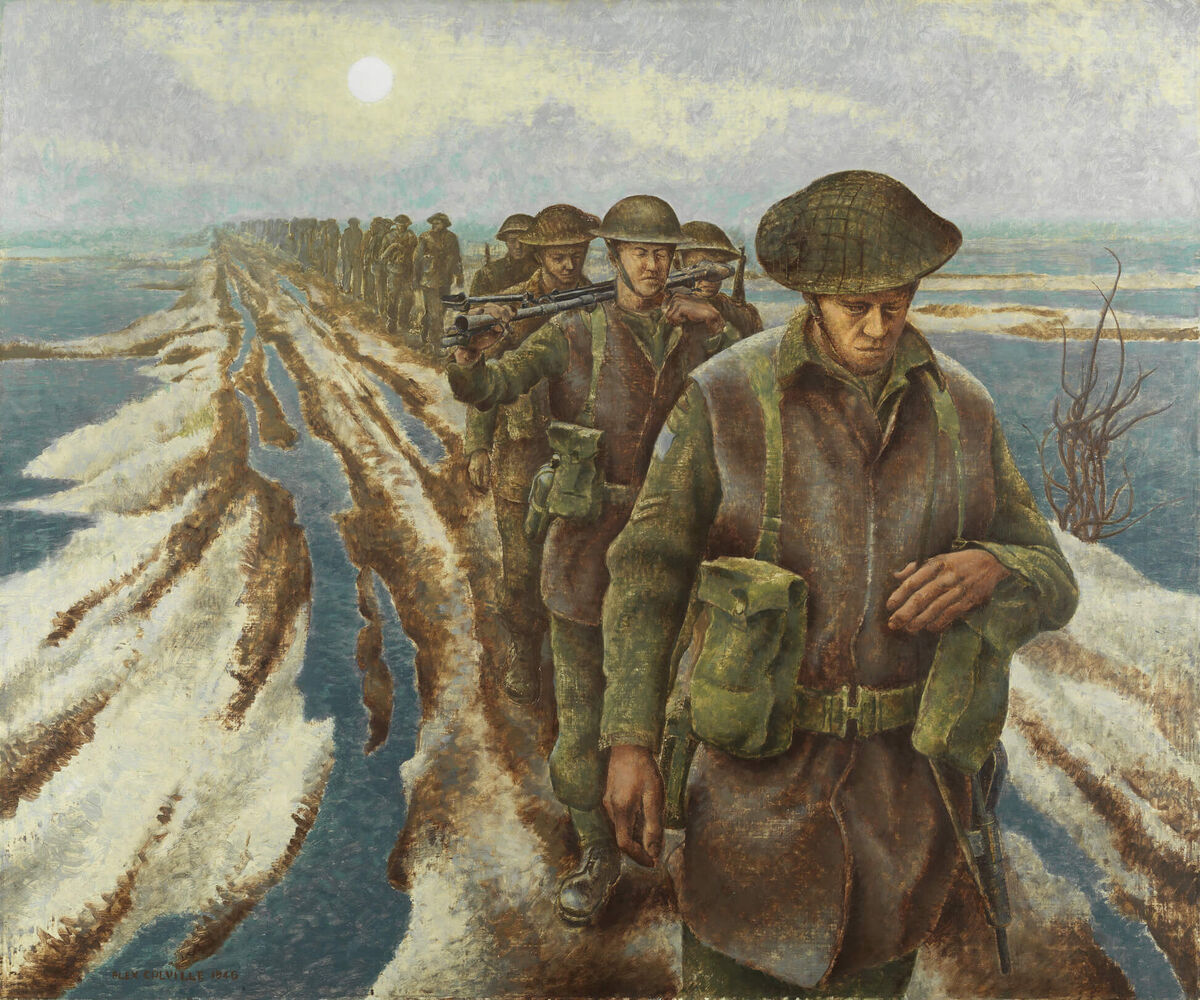 Алекс Колвилл, "Пехота, близ Неймегена, Голландия", 1946 г.
Холст, масло, 101,6 х 121,9 см
Коллекция военного искусства Бивербрука, Канадский военный музей, Оттава