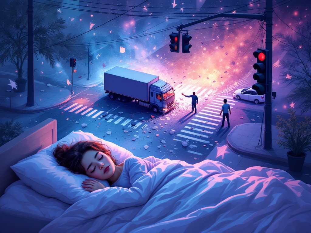    К чему такое снится: На картине изображена улица города с перекрестком и светофором. В центре сцены грузовик врезается в легковую машину. Видно, как водитель легковой машины, стоит рядом