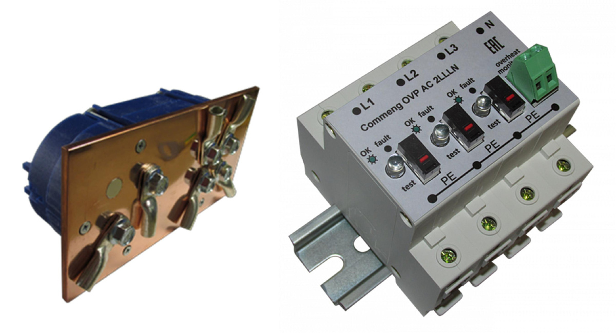 Примеры устройств, при подключении которых должны соблюдаться моменты затяжки: шина заземления и УЗИП.  Источник изображения www.commeng.ru 