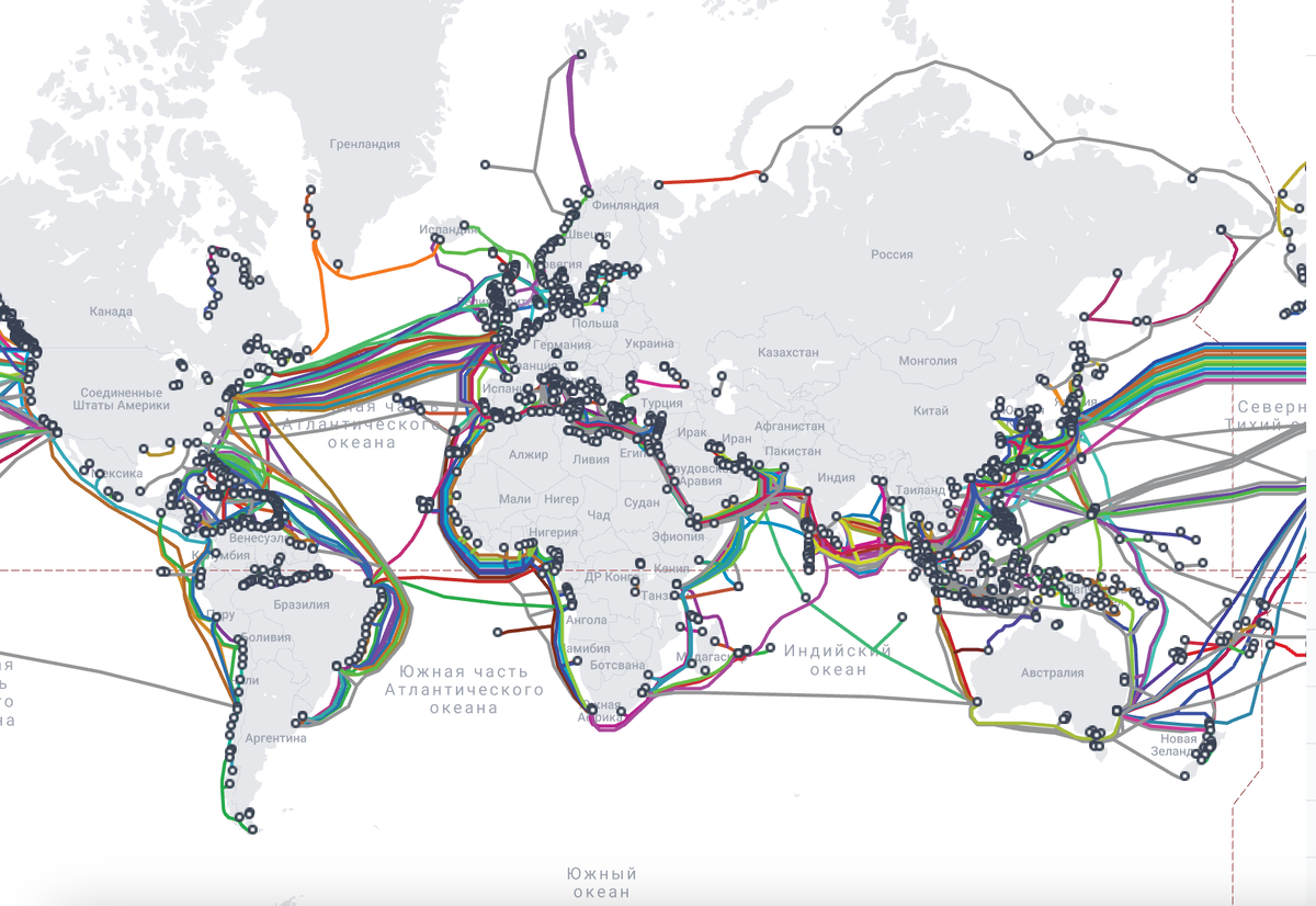 Карта подводных кабелей. Скриншот сервиса submarinecablemap