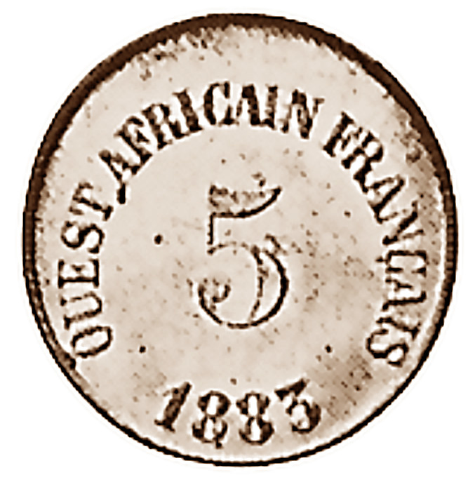 Французская Западная Африка. 5 юнит (25 франков) 1883. Фото из каталога Краузе. 
