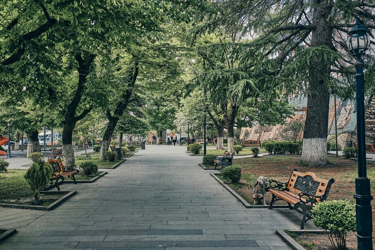 На территории парка также есть огромная мемориальная стена (на фото справа). Она установлена в память о жертвах Второй мировой войны, рождённых в Сигнахском районе. Фото: Илья Борисович / Яндекс Карты