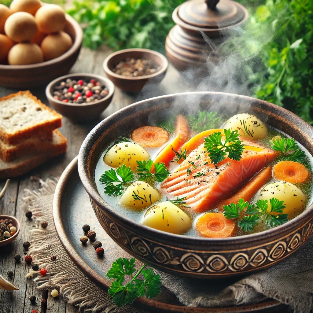 Уха с лососем и апельсиновой цедрой