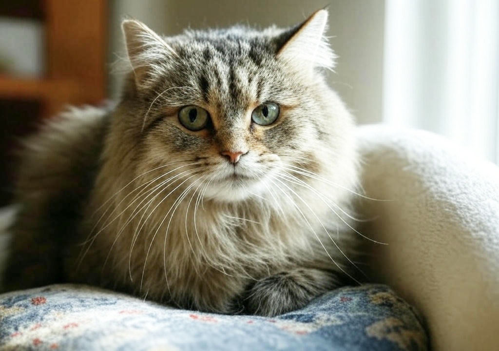 Сибирская кошка с табби-окрасом и длинной шерстью.