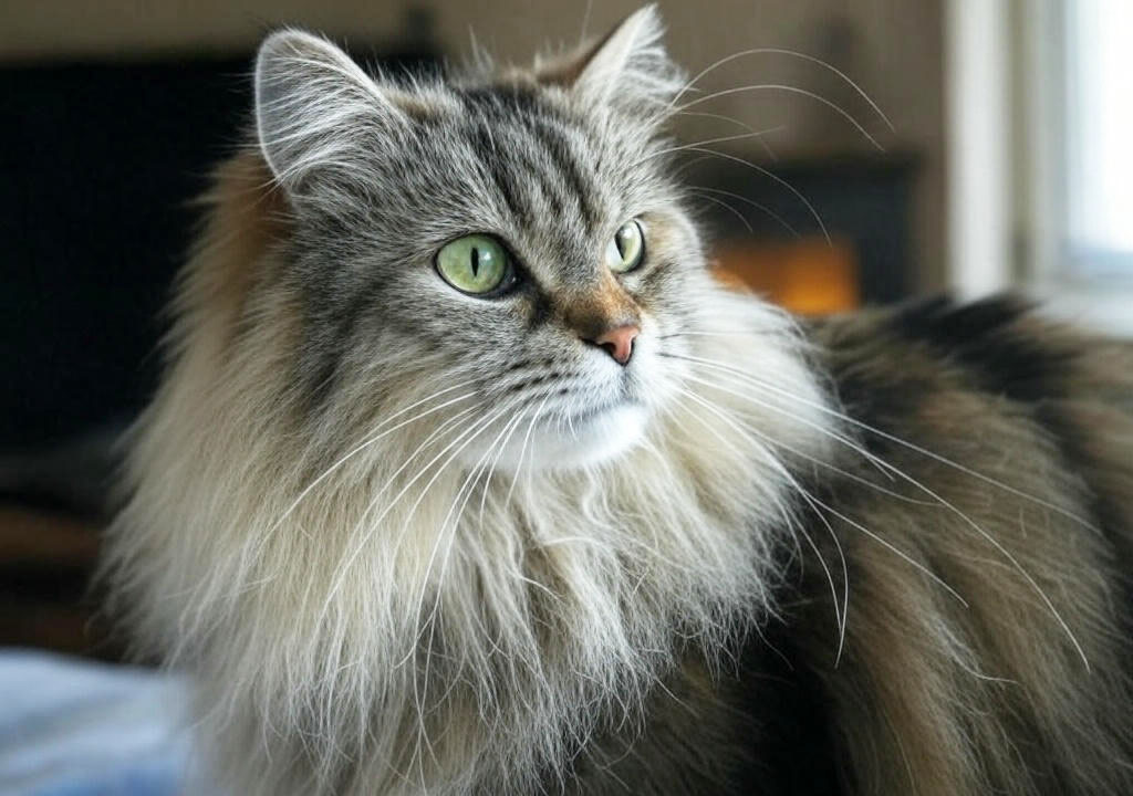 Серая сибирская кошка с пушистой шерстью и яркими зелёными глазами.